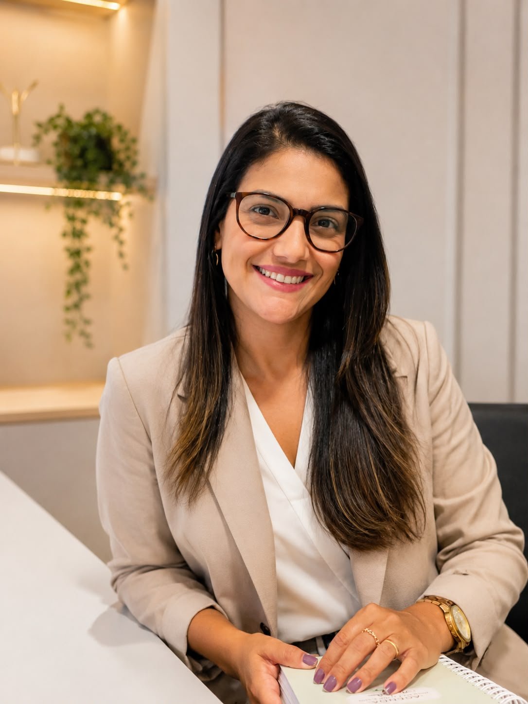 Flávia Abreu, psicóloga clínica, sentada em seu consultório